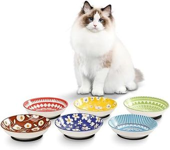 Fairy Tales Colorful Ceramic Cat Bowls Set of 6 - Feeding Dishes With Non-Slip Mat - 5.75" Shallow Wide Food Plate, Whisker Friendly - Microwave Dishwasher Safe - 8.5 oz