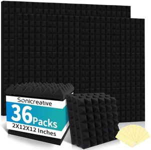 Sonicreative 36 Packs Acoustic Foam Panels Pyramid 2"×12"×12" High Density Sound Proof Foam Panels for Walls, Noise Cancelling with 180 Pcs Double Side Self Adhesive
