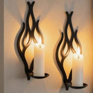 ZYIDBNG Wall Candle Sconces Set of 2, Modern Minimalist Metal Candle Holders for Pillar, Tealight, and LED Candles, Flame-Shaped Decorative Wall Decor for Living Room Dining Room (Black)