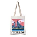 VAMSII Chicago Tote Bag for Women Chicago State Gift Retro Chicago Shopping Bag Chicago Souvenir Gifts Eco Friendly Bag, Beige, L