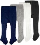 CozyWay Girls Tights Cotton Cable Knit Footed Pantyhose Baby Toddler Leggings - Pack of 4, Black White Grey Navy Blue, 0-6 Months