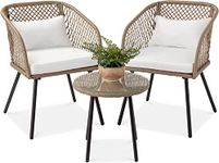 DEVOKO Outdoor All Weather Resistant Beige Rattan Wicker 3-Piece Patio Set With White Cushions & Glass Top Table For Garden, Balcony, Poolside, Lawn, 57.2 Centimeters, 21 Inch, 81.3 CM