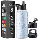 FineDine Triple Walled, Insulated Water Bottles with Straw - 32 Oz Stainless Steel Metal Bottle W/ 3 Leak Proof Lids - For Travel, School, Sports, Gym / Men, Women & Kids - Fresh White Marble