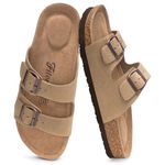 FITORY Womens Flat Sandals with Cork Footbed, Open Toe Slides Adjustable Slip On Slippers for Summer Suede Taupe Size 6