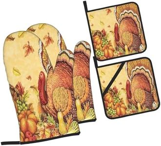 Fall Pumpkins Thanksgiving Turkey Oven Mitts and Pot Holders Sets Autumn Heat Resistant Non-Slip Kitchen Potholder Oven Gloves for Baking Cooking Grilling BBQ Mittens Kitchen Decor and Accessories