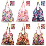 XonyiCos 6 Pcs Reusable Grocery Bag, Foldable Eco-Friendly Shopping Bags, Lightweight Washable Ripstop Nylon Large Tote Bag (Shiny Flowers)