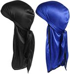 Silky Durag Men Soft Silk Durags 360 Waves Headwraps Unisex Cap Bandana Turban Hat with Long Tails and Wide Straps for Kids Women 2 Pcs (Black, Royal blue), Multi