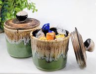 KITTENS Ceramic Decorative Jars Table Jars Candy Jars with Wooden Airtight Lid in Multicolor Flow Pattern on Ribbed Surface, 300 ml (Set of 2).