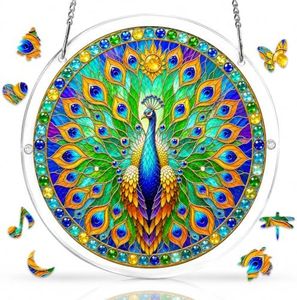 Jollitot Acrylic Puzzle for Adults, Stained Glass Style Peacock Acrylic Jigsaw Puzzle Suncatcher with Irregular Pieces, Window Hanging Sun Catcher, Art Home Decor Gift for Women Mom 11.4in