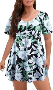 ECUPPER Womens One Piece Swimsuit with Sleeves Plus Size Swim Dress Modest Tummy Control Skirt Bathing Suit Built in Shorts White Flower