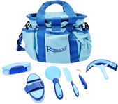 Rhinegold BLUE GROOMING BAG WITH KIT, 7 Pieces Equestrian Grooming Gift Set that Includes All Types of Horse Hair Brush, Curry Comb, and Hoof Pick with a Multipurpose Horse Grooming Bag