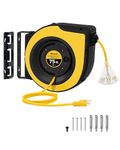 WILAWELS Retractable Cord Reel, 75 FT (22.86M) Heavy Duty Extension Cord, 14AWG/3C SJTOW, 3 Grounded Outlets Lighted Triple Tap, 10A Circuit Breaker, Wall/Ceiling Mounted, UL Listed, Yellow Y75CR06