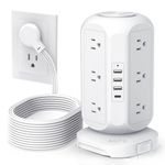 15 ft Long Extension Cord Power Bar Tower,AOFO Surge Protector 12 AC Outlets 4 USB(1 USB C) Ports, Charging Tower Overload Protection with Multiple Outlets for Home Dorm Office