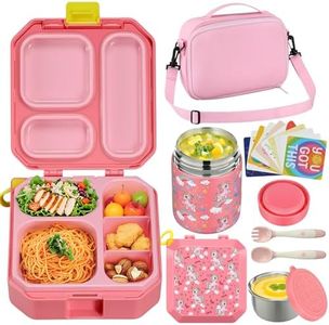 Itslife Bento Lunch Box Set for Kids with 12oz Soup Thermo&Lunch Bag, Leak-Proof Lunch Food Containers for Kids School, 5 Compartment, Sauce Cup, 10 Notes (Unicorn Pink)