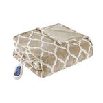 Beautyrest Plush Heated Throw Blanket Secure Comfort Technology - Oversized 60" x 70" - Ogee Pattern in White - Cozy Soft Microlight - 3-Setting Heat Controller, Tan