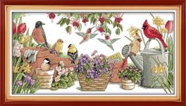 Maydear Cross Stitch Stamped Kits Full Range of Embroidery Starter Kits Beginners for DIY 11CT 3 Strands - Birds Gather in Garden 27.2×15.4(inch)