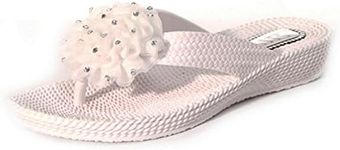Ladies Beach Sandals Toepost Wedge Diamante Flower Pool Flip Flops (4, White)