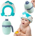 FUNUPUP Baby Shower Cap for Kids with Bath Rinse Cup, Adjustable Toddler Hair Washing Shield Hat Baby Bath Visor Shampoo Hat for Toddlers 6M-9T（Dinosaur Blue)