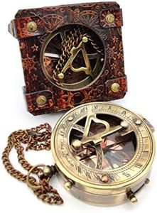 5MoonSun5's Antique Brass Sundial Compass Marine Boat Gift Pocket Sun Dial in Leather Display Box Nautical Marine Gift Sun Clock Pirate Ship Replica Watch Steampunk Accessory