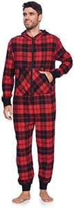 Ashford & Brooks Mens Flannel Hooded One Piece Pajama Union Jumpsuit, Red Black Tartan, XX-Large