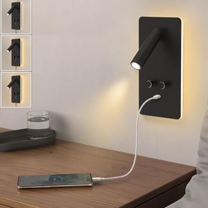 HYMELA M04 Dimmable Wall Mount Reading Light,Adjustable 0.9-3.7W LED Wall Mounted Reading Lamp with Adjustable 1.2-6W Backlight,Wall Sconces with USB Port,Wall Lamps for Bedroom(Black)