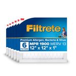 Filtrete 12x12x1 AC Furnace Air Filter, MERV 13, MPR 1900, Premium Allergen, Bacteria & Virus Filter, 3-Month Pleated 1-Inch Electrostatic Air Cleaning Filter, 6-Pack (Actual Size 11.81x11.81x0.78 in)