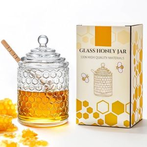kanpura Clear Crystal Honey Pot with Dipper and Lid,Glass Honey Jar with Dispenser, Glass Honey and Syrup Container for Home Kitchen