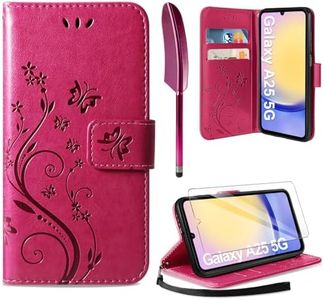 AROYI Coque Compatible avec Samsung Galaxy A25 5G, Retro Design PU Etui Housse en Cuir Portefeuille de Protection Fonction Stand Video Porte Carte Credit Ticket Flip Case Rose Rouge