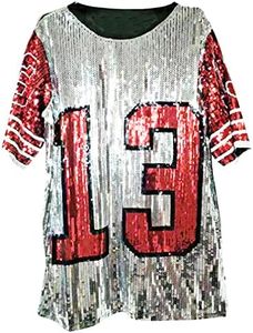 Whitewed Sequin Number 13 Football Jersey T Shirt Dresses Costumes for Women Holiday Nye, Silver, One Size