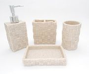 TOTO DEALS Natural Stone Bathroom Sanitary Set with Soap Dispenser, Toothbrush Holder, Utility and Soap Dish (Brown/Sand)-Set of 4