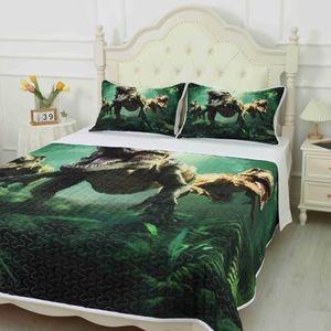 VTKON Green Dinosaur Quilt Set Full/Queen Size for Kids, Breathable 3D Dinosaur Printing Bedding Set, Lightweight Boys Dino Bedspread Set with 1 Quilt and 2 Pillowcases