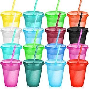 Cups with Straws and Lids Kids Tumbler Straw Reusable Water Bottle Iced Coffee Travel Mug Cup Adults Plastic for Parties Birthdays 16 oz (Bright Colors, 15 Pack)