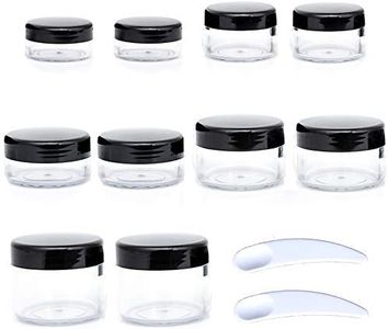 ZEJIA 10pcs Small Travel Containers, Black Sample Containers with Screw Lids, 5 Size 3/5/10/15/20 Gram Sample Jars with 12pcs Labels and 2pcs Mini Disposable Spatula, Makeup Sample Containers BPA Free