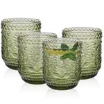 Ulable Drinking Glasses Set of 4-360ml/12oz Vintage Tumbler Glasses - Decorative Floral Embossed Water Glasses - Heavy Duty Glassware Beverages Tumblers for Whisky, Beer, Juice, Wine, Green