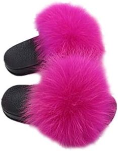LVCOMEFF Girls real fox fur sandals slides fluffy fuzzy for kid child (hot pink, numeric_8_point_5)