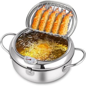 Large Tempura Frying Pot with Lid. Deep Fry Pot with (°F) Thermometer and Oil Drip Drain Rack for family of 4-6 people 11" 4.4Qt