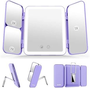 Sejoy Travel Makeup Vanity Mirror, 64 LED Lighted Makeup Mirror with 1X 3X 7X Magnification, Tri-Fold Portable Magnifying Mirror with Touch Sensor 3 Color Modes Dimmable Light, Rechargeable, Purple