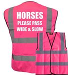 Bright Pink High Visibility Vest with White Text HORSES PLEASE PASS WIDE & SLOW- HORSE RIDING By Brook Hi Vis Medium