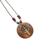 KIFEDSLJ Wooden Pendant Necklace with Owl Leaf Elephant Flower Handmade Vintage Bronze Leaf Long Leather Chain Sweater Necklace for Women, Wood, wood