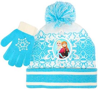 Disney Frozen Girls and Toddler Beanie Hat and Toddler Snow Gloves, Elsa and Anna Kids Toddler Winter Hat with Snow Gloves, Blue, White, 5-13