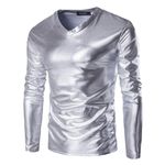 MANJIAMEI Men's Metallic Shirts, Long Sleeves Shiny Wet Look Tunic Tops for Clubwear, V Neck Solid Party Tee Top Blouse T-Shirt, Slim Fit Casual Pullovers for Dance Disco Nightclub Costume