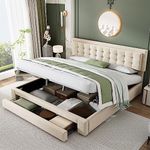 BTM King Size Bed, 5FT-150x200cm Upholstered Double Bed, King Size Bed with Storage (Large Bed Box & Big Drawer), Double Bed Frame with Headboard & Slats, No Mattress, Cream Velvet Bed