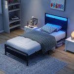 BOFENG Twin Bed Frame with Wooden Headboard and USB Charging Station,Single LED Bed Frame Twin Size,Heavy Duty Platform Bed Frame with Storage No Box Spring Needed,Sturdy,Nonslip,Noise Free,Black