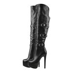 Only maker Women's Knee High Boots Platform Stiletto High Heel Booties with Zipper Round Toe Buckle Strappy Zip Up Winter Motorcyle Punk Club Party Dress PU Black Size 3