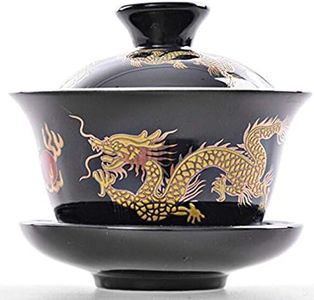 YBK Tech Porcelain Kung Fu Tea Cup and Saucer with Lid, Chinese Traditional Gaiwan Sancai Tea Bowl Tea Set Dragon Pattern (Black)