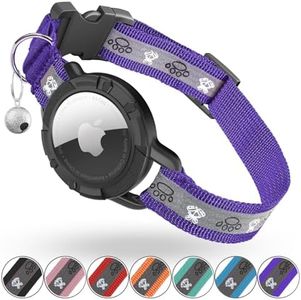Odokele Reflective AirTag Cat Collar, Integrated Cat Tracker Collar with Air Tag Holder and Bell, Safety Elastic Band Cat GPS Collars for Girl Boy Cats, Kittens and Puppies (Purple, S)