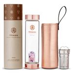 Almeara Crystal Water Bottle | Amethyst, Rose Quartz & Clear Quartz Crystals | Authentic Gemstones – Loose Leaf Tea infuser – Gem Elixir Infused Tempered Glass Water Bottle - Gift ready box - 16.9 oz