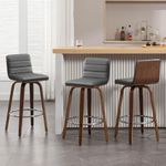 Bekrvio 26 Inch Counter Height Set of 3, PU Leather Swivel Bar Stools with Backs, L Shape Back and Bentwood Legs, Mid-Century Modern Upholstered Kitchen Counter Stool Pub Chairs, Grey