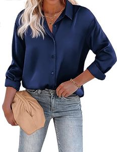 Beyove Chemisier Femme Satin Soie Col en V Chemises Élégantes Manches Longues Business Tops avec Boutons Tops Lâche Chemise à Manches Longues Marine L