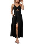 BTFBM Women 2023 Summer Sleeveless Halter V Neck Dress Cutout Split Casual Beach Party Maxi Long Dresses with Pockets, Solid Black, Medium